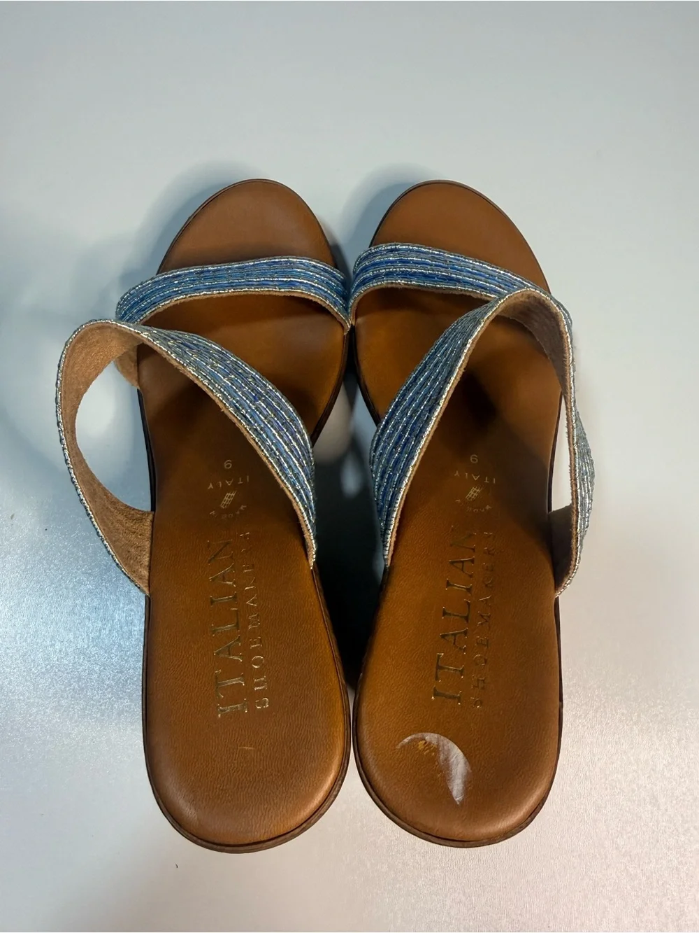 Italina Blue Striped Fabric Wedge Sandals